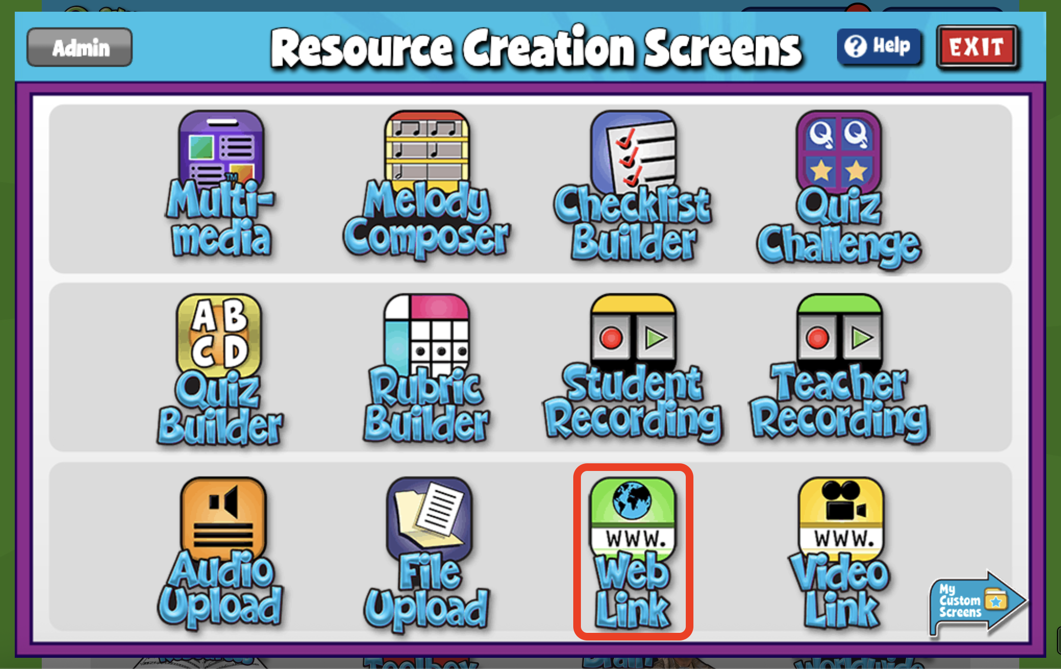A screenshot of the Resource Creation Screens page, with the Web Link icon highlighted.